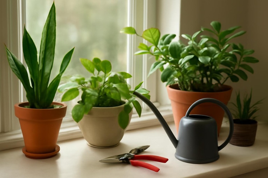 Indoor houseplants on a windowsill with a watering can and pruning shears