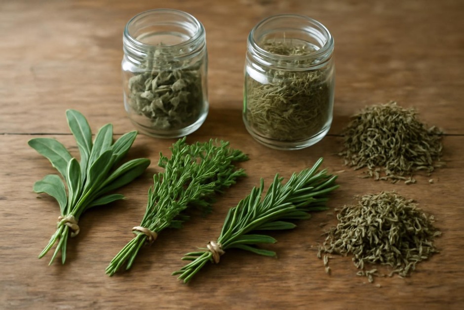 Dried and fresh herb sprigs on a wooden surface with jars.