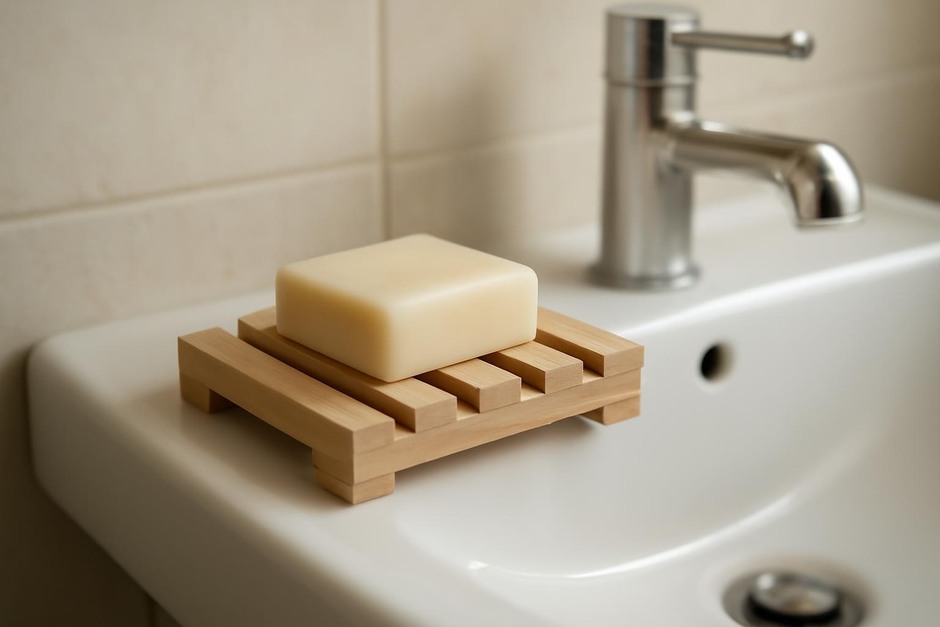 Simple wooden slatted soap dish on a bathroom sink